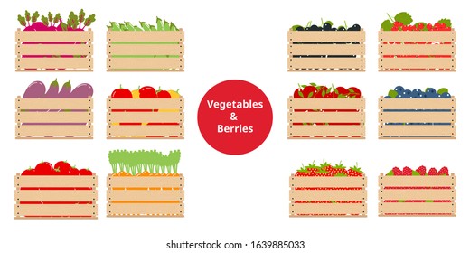 Wooden boxes with autumn vegetables and berries. Vector illustration of the harvest. Isolated object of fresh, natural foods. Organic products to buy in a supermarket. Diet and organic food. EPS 10