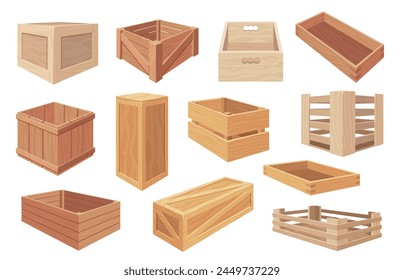 Holzkisten. Cartoon Holzkisten und Pakete, geschlossene und offene Holzkisten mit unterschiedlichem Inhalt, Holzverpackungen für Fracht. Vektorgrafik Set von Box hölzerner Container-Illustration