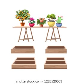 Wooden boxes for flowers. Houseplants in flower pots on a wooden table. Interior flowers on the shelf.

