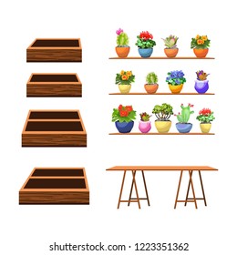 Wooden boxes for flowers. Indoor plants in flower pots. wooden table. Interior flowers on the shelf.

