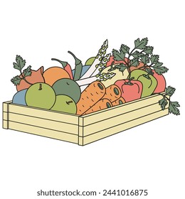 wooden boxes with fresh vegetables color vector illustration