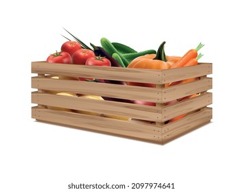 Cajas de madera composición realista con imagen aislada de caja llena de verduras frescas en fondo blanco ilustración vectorial