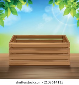 Wooden boxes realistic composition with outdoor scenery with fresh leaves shining sun on sky and case vector illustration