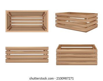 Cajas de madera conjunto realista de cuatro imágenes aisladas con una caja de diferentes ángulos en la ilustración vectorial de fondo en blanco