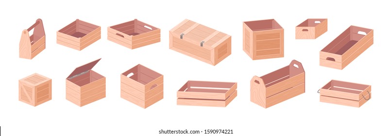 Wooden boxes vector isometric illustrations set. Toolkit box and crates isolated on white background. Empty wooden containers, timber caskets, natural material packaging illustrations collection.