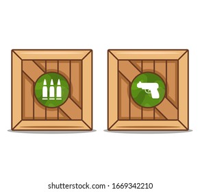 wooden boxes with weapons and ammunition. flat vector illustration.