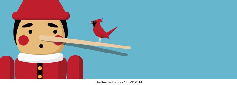 Wooden boy with long nose from lying. Banner design with copy space. Eps10 vector illustration. 