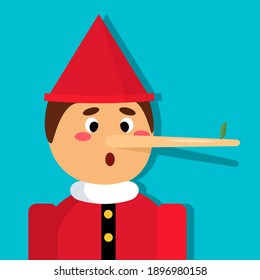 a wooden boy with a very long nose because of a lie with a leaf at the end. vector illustration with shadow