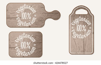 Wooden breadboard and inscription vegetarian product svg