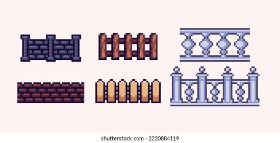 Wooden, brick and marble fence pixel art set. Stone border wall collection.  8 bit sprite. Game development, mobile app.  Isolated vector illustration.