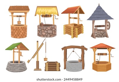 Wooden, brick and stone rural wells traditional countryside structure isolated set on white