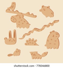 Wooden brick toy elements for balance tower stack game. Wood pieces isolated on light background. Coordination acting for kids. Vector animals snake beaver hedgehog, fox, pig, bird, elk, and rabbit