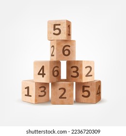 Wooden bricks tower. 3d realistic wood blocks, number cube toy building for baby play, brick block toys school kid, child cubic stack towers game, creative tidy vector illustration of block wood