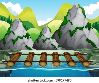 Wooden bridge across the river illustration