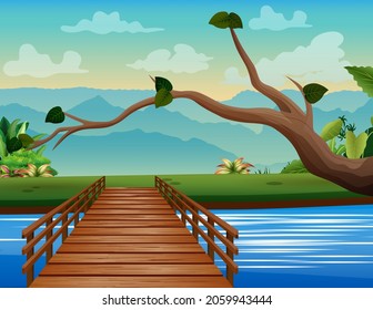 Wooden bridge across river landscape background