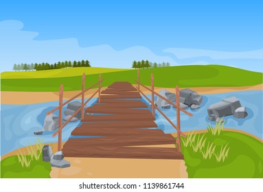 Wooden Bridge Across River Mountain Landscape Background Flat Vector Illustration