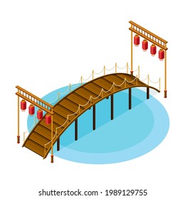 Wooden Bridge with Balustrade Railing and Hanging Paper Lanters as Asian Architecture Isometric Vector Illustration