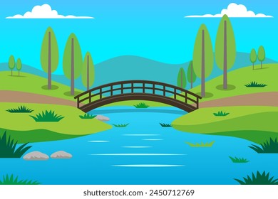 Wooden bridge in a beautiful park reserve. Natural landscape with a bridge over a lake against a background of hills, trees and a blue sky with clouds. Nature vector illustration.