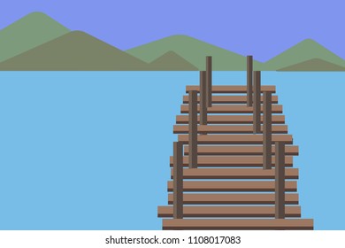 Wooden bridge beside the river and the mountain. Landscape vector illustration. Using as background or wallpaper. 