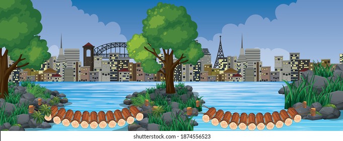 Wooden Bridge Crossing River With City Background Illustration