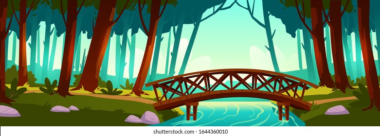Wooden bridge crossing river in forest. Vector background of nature landscape with green trees, trail and wood bridge above brook. Cartoon illustration of summer wild park or garden with walkway