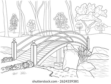 Wooden Bridge in Garden Line Art Illustration, Black and white line art illustration featuring a decorative wooden arch bridge over water in a serene garden or park setting, surrounded by trees and