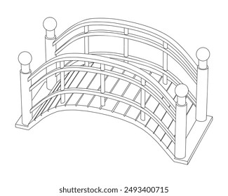 Wooden bridge - hand drawn isometric black and white vector illustration.