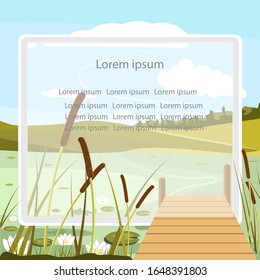 puente de madera en el laguito vectorial. Marco de texto vacío. Fondo de la ilustración del vector.