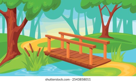 Wooden bridge landscape. Cartoon wood bridge river or lake crossing, forest nature path rustic way over pond creek with green grass, summer game background neat vector illustration original artwork