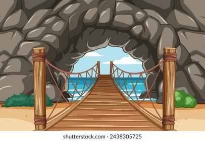 Wooden bridge leading out of a rocky cave