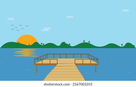  Wooden bridge on the lake landscape with sun and clouds mountains vector for use.