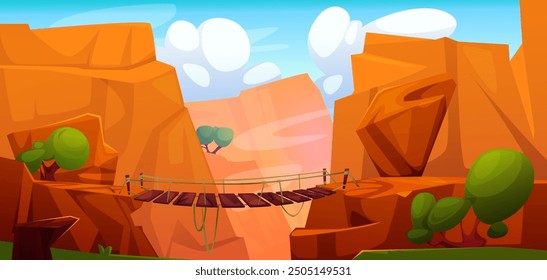 Wooden bridge on mountain cliff suspension edges over chasm in desert landscape with blue cloudy sky and green grass. Cartoon vector footbridge connection for extreme crossing of brown canyon.