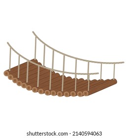 Wooden bridge on ropes made of logs, color isolated vector illustration cartoon
