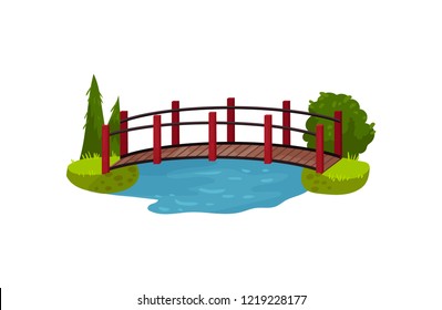 Wooden bridge over blue pond or river. Timber footbridge, green trees, bush and grass. Landscape element. Flat vector design