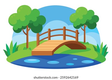 Wooden Bridge Over Blue Pond - Scenic Timber Footbridge Vector Illustration