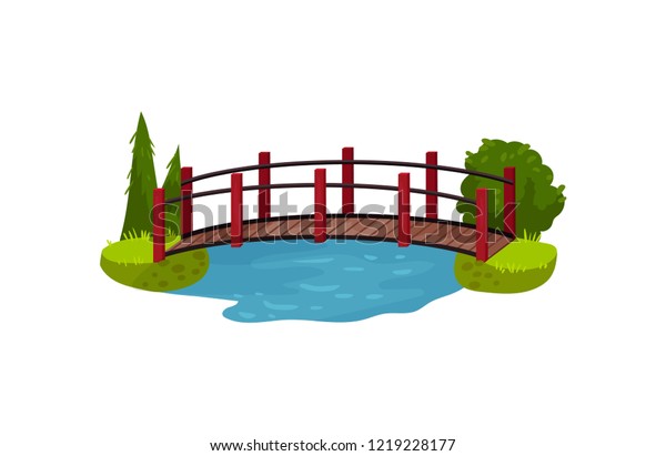 Wooden Bridge Over Blue Pond River Stock Vector (Royalty Free) 1219228177