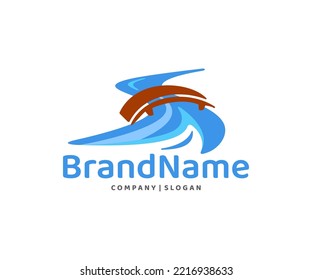Wooden bridge over a flowing river logo design. Fast river flow and footbridge vector design