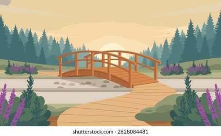 Wooden bridge over path in serene park garden with lavender flowers at sunset