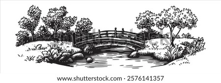 A wooden bridge on a small river