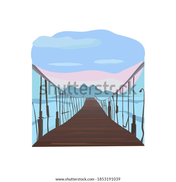 Wooden bridge over the river. Sunset or\
sunrise. Vector\
illustration