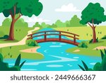 Wooden bridge in the park. Beautiful park landscape with a bridge over the river, green meadows, grass, trees and clouds in the blue sky. Summer rest. Vector illustration for design.