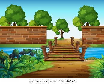 A wooden bridge in the park illustration