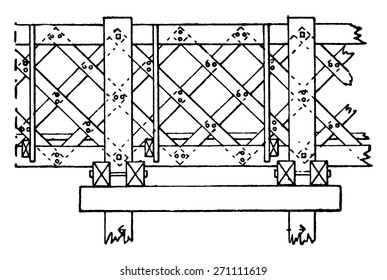 Puente de madera de Pont Saint-Michel, ilustración vintage. Enciclopedia industrial E.-O. Lami - 1875.