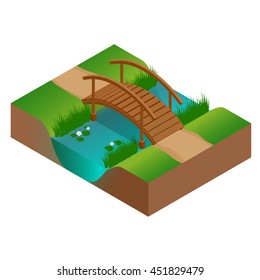 Wooden bridge at the river. Flat 3d vector isometric illustration.