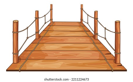 Wooden bridge with rope handrails attached on the sides. Isometric set icon in flat design. Vector illustration