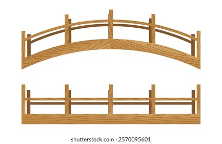 wooden bridge set, curved and straight wooden bridge with wood grain. vector illustration isolated on white background.