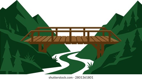 Wooden bridge spanning a winding river in a mountainous forest landscape