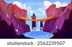 Wooden bridge stretches across waterfall cascading between rocky mountain cliffs. Fantasy landscape with blue water, white foam splash and cloudy sky background. setting for adventure game scene.