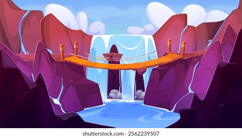 Wooden bridge stretches across waterfall cascading between rocky mountain cliffs. Fantasy landscape with blue water, white foam splash and cloudy sky background. setting for adventure game scene.