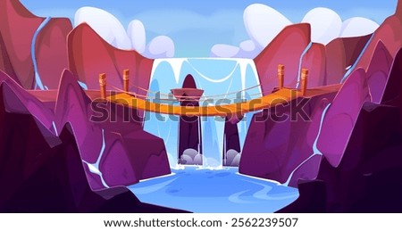 Wooden bridge stretches across waterfall cascading between rocky mountain cliffs. Fantasy landscape with blue water, white foam splash and cloudy sky background. setting for adventure game scene.